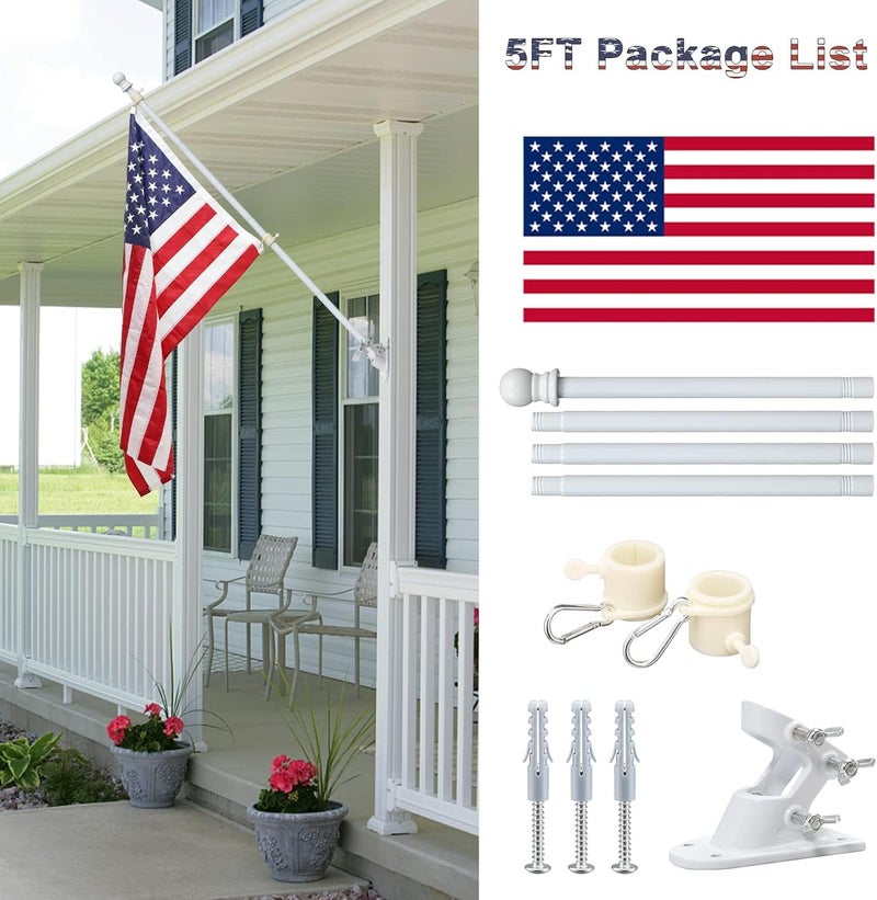 LAKEROD Flag Pole Kit with 3x5 American Flag Outdoor - 7ft Tangle Free Metal Flagpole with Holder Bracket & Embroidered US Flags - Rustproof Heavy Duty for Outside House Porch Garage Mount - White - Image 2